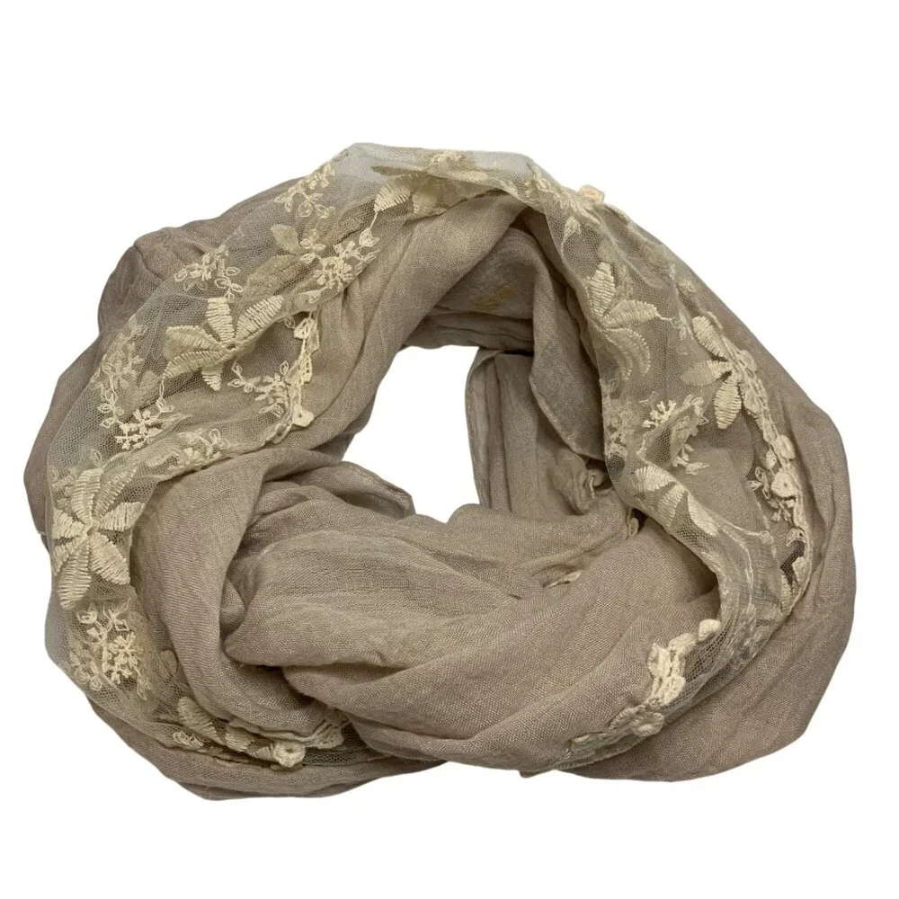 Circle Infinity Scarf‎ Taupe Lace Embroidered Cream Flowered Appliquéd Romantic